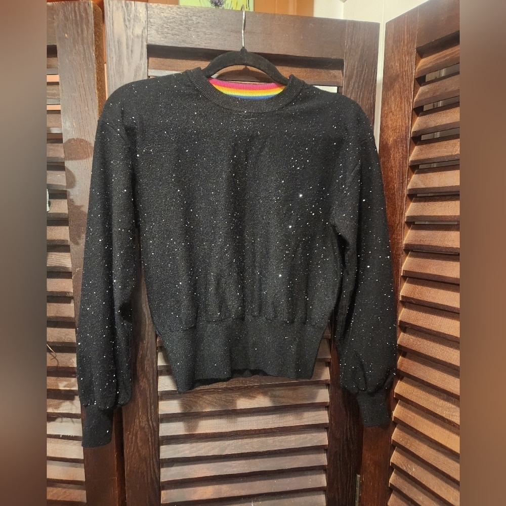 Desigual Black Glitter Crewneck Sweater with Rainbow Neckline